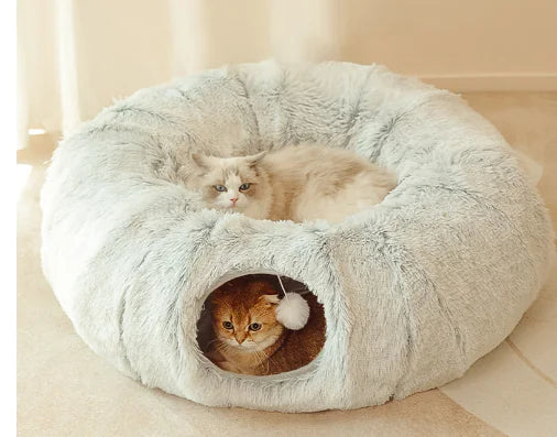 Multifunctional Plush Cat Bed with Tunnel and Peephole